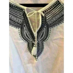 Artisan NY Women's White Blue Linen Caftan Pullover Tunic Top, S